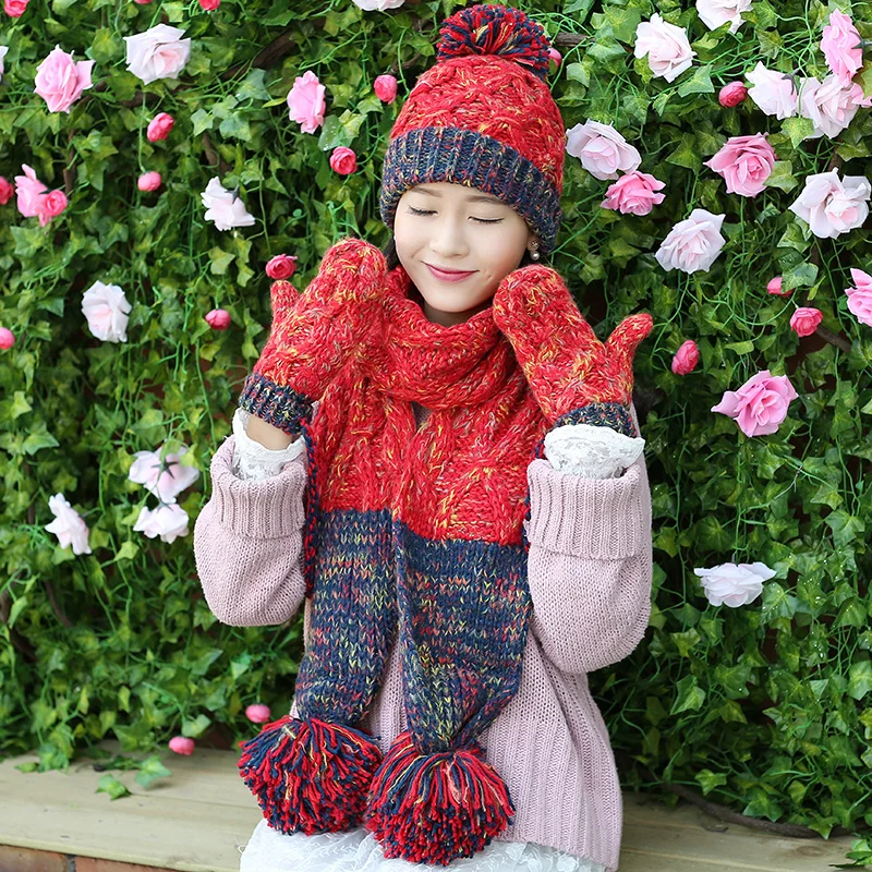 Женская трикотажная шапка с шарфом и перчаткой помпоном|scarf glove|hat scarf glovesknitted hat |