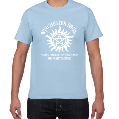 Новая мужская футболка Сверхъестественное Винчестер Bros хип-хоп мужские футболки хлопок размера плюс летняя уличная одежда футболки для мужчин - Цвет: light blue