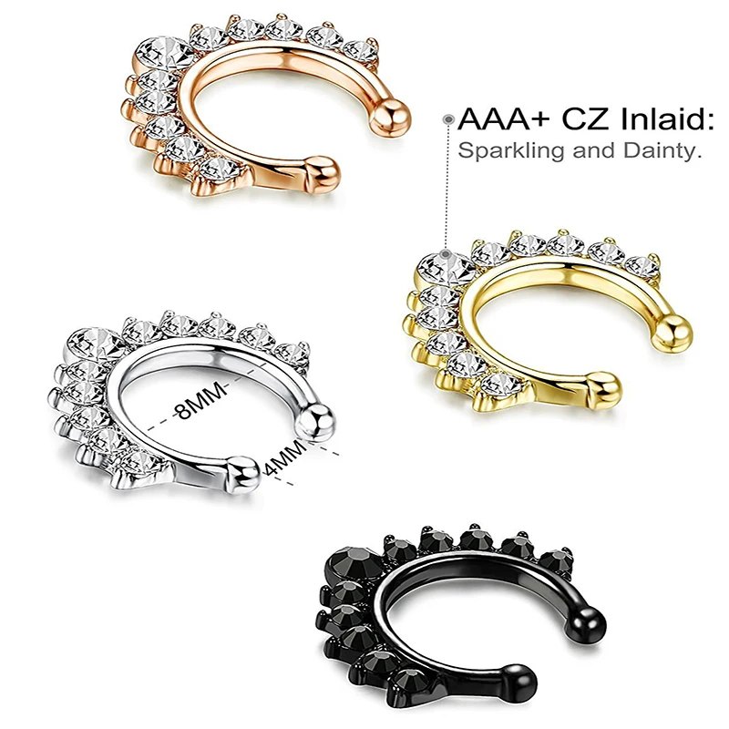 Qevila Crystal Fashion Clicker Fake Septum for Women Body Clip Hoop Vintage Fake Nose Ring Faux Piercing Body Jewelry Wholesale (4)