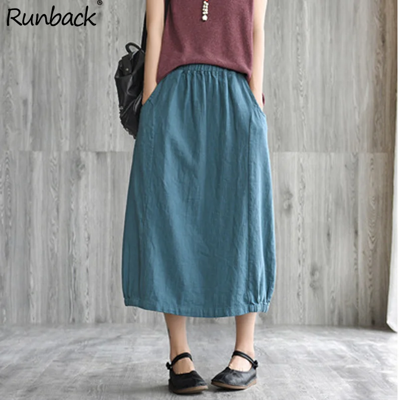 

Runback Linen A-line Skirt Women Solid Elatis Waist Cotton Black 2019 Spring Summer Vintage Loose Red Maxi Skirt Jupe Longue