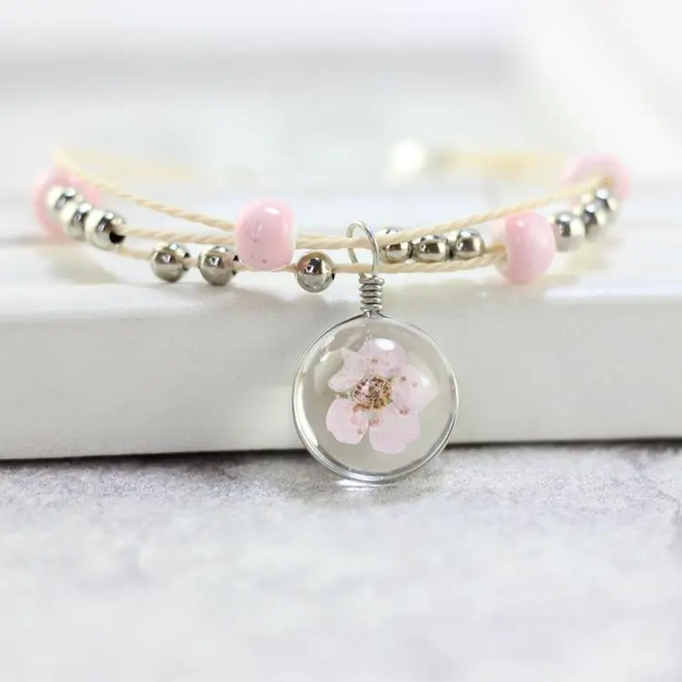 Summer Style Original Dried Flower Glass Pendant Bracelet Handmade Ceramic Beads Charm Bracelet