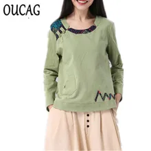 OUCAG New 2017 Spring Fashion Folk Style Vintage Print Long Sleeve Cotton Linen Women Tops Loose Casual Ladies Blouse Shirt