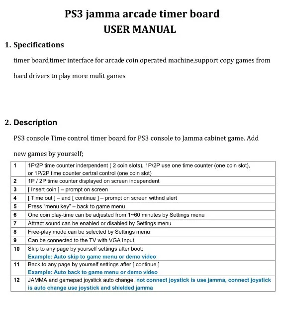 PS3 Jamma arcade game timer board manual