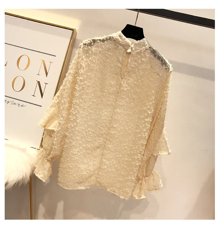 Fall New Women Blending Ruffle Loose Pullover Shirts Ladies Fur Polka Dot Puff Sleeves Blouse Suits Female Stand Collar Tops