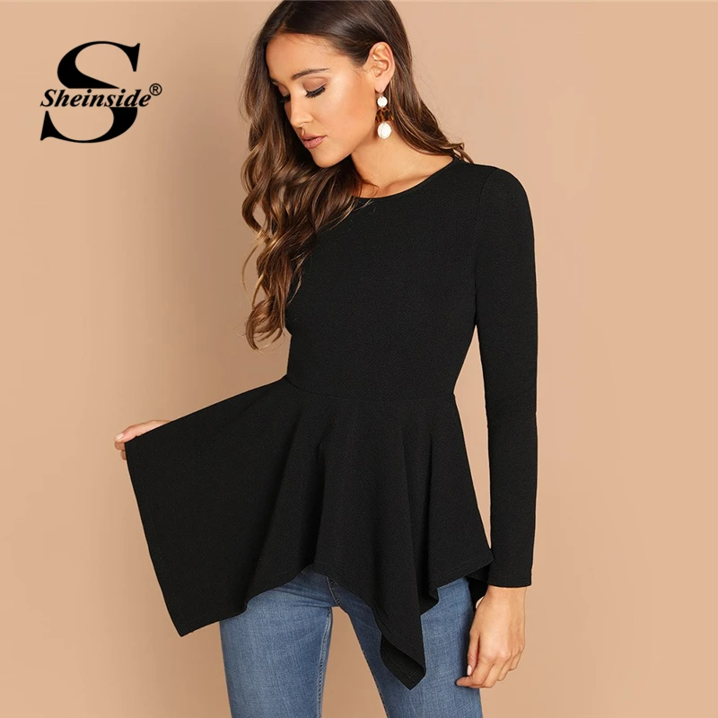 Online Sheinder elegante Oficina señoras Camiseta de manga larga mujeres asimétrica Hem Camiseta tipo péplum negro camisas 2018 otoño para mujer
