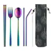 JANKNG Portable Travel Dinneware Set 304 Stainless Steel Fork Scoop Chopsticks Straw Silverwar Set Rainbow Cutlery with Pouch ► Photo 1/6