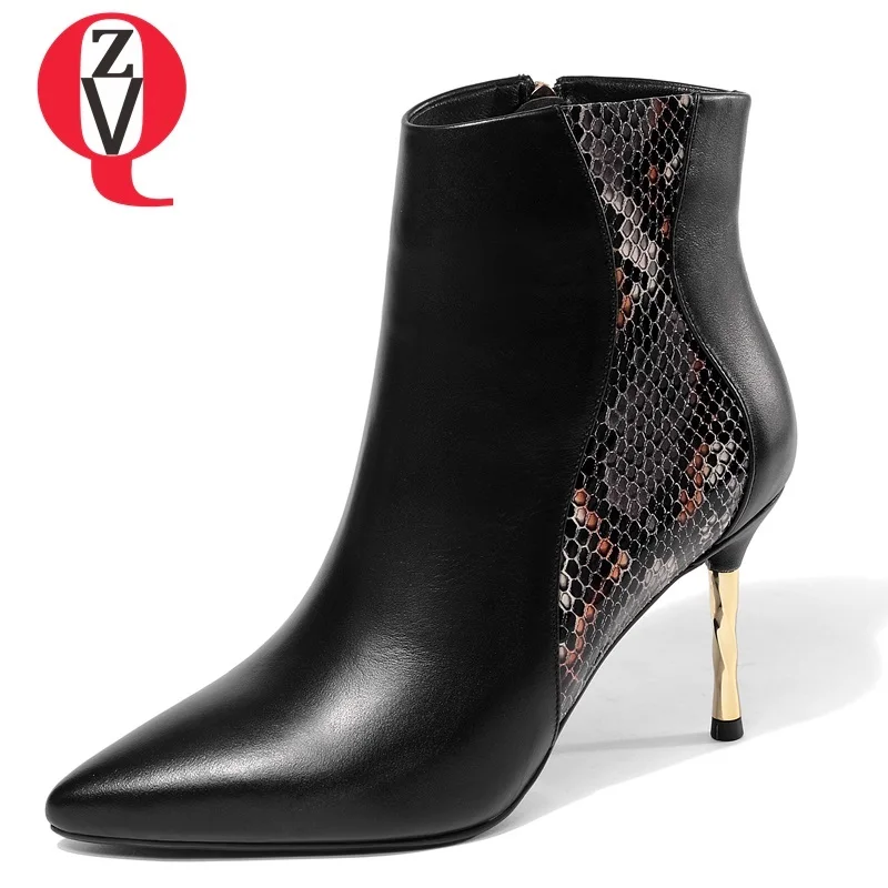

ZVQ women shoes 2018 newest fashion sexy mixed colors genuine leather high thin heels pointed toe zipper winter warm ankle boots