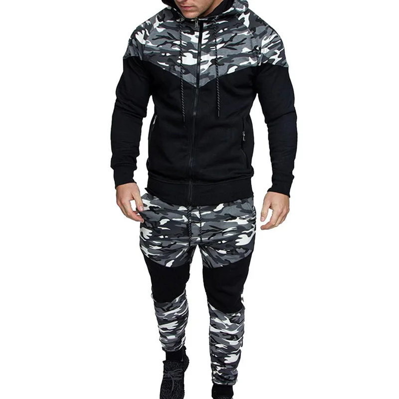 Плюс Размеры Для мужчин комплект для бега камуфляжным принтом Лоскутная спортивная куртка для бега 2 шт. спортивный костюм спортивные худи Толстовка Брюки