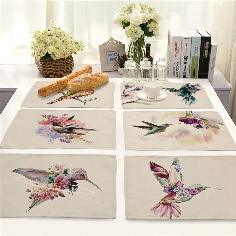 

1Pcs 42*32cm Bird Branch Pattern Placemat Coasters Dining Table Mat Cotton Linen Bowl Cup Mats kitchen Pads Home Decor MA0124