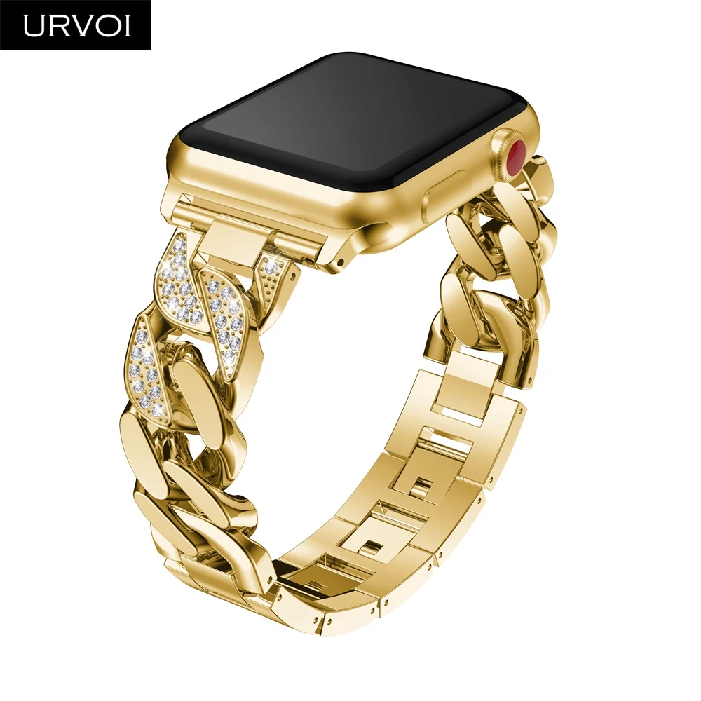 URVOI ковбойская цепь для Apple Watch series 5 4 321 ремешок из нержавеющей стали для iWatch сияющий камень браслет на запястье современный дизайн
