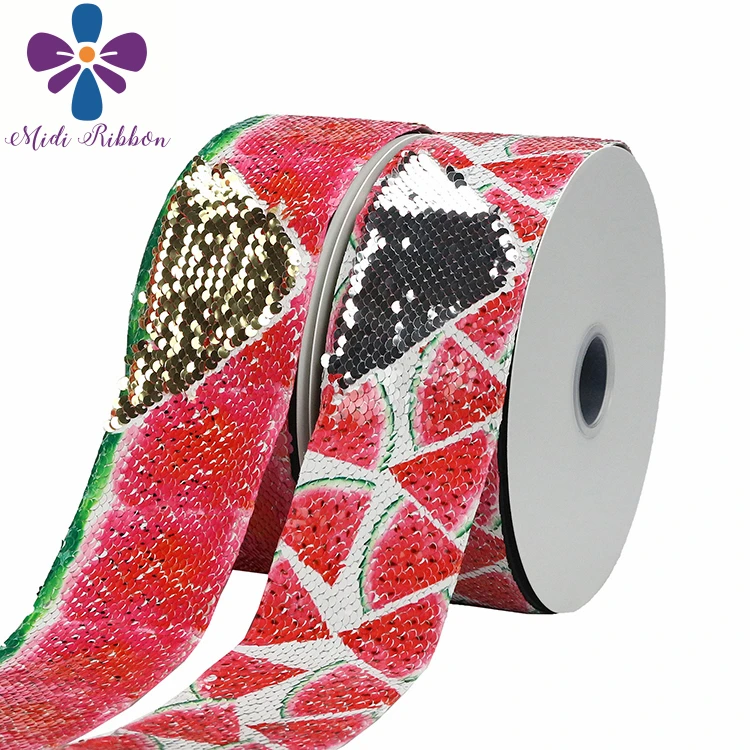

3"75mm Summer Fruits Series Watermelon Printed Double Reversible Silver&Gold Sequin Ribbon DIY Hair Bowknots Party Decor 46yards