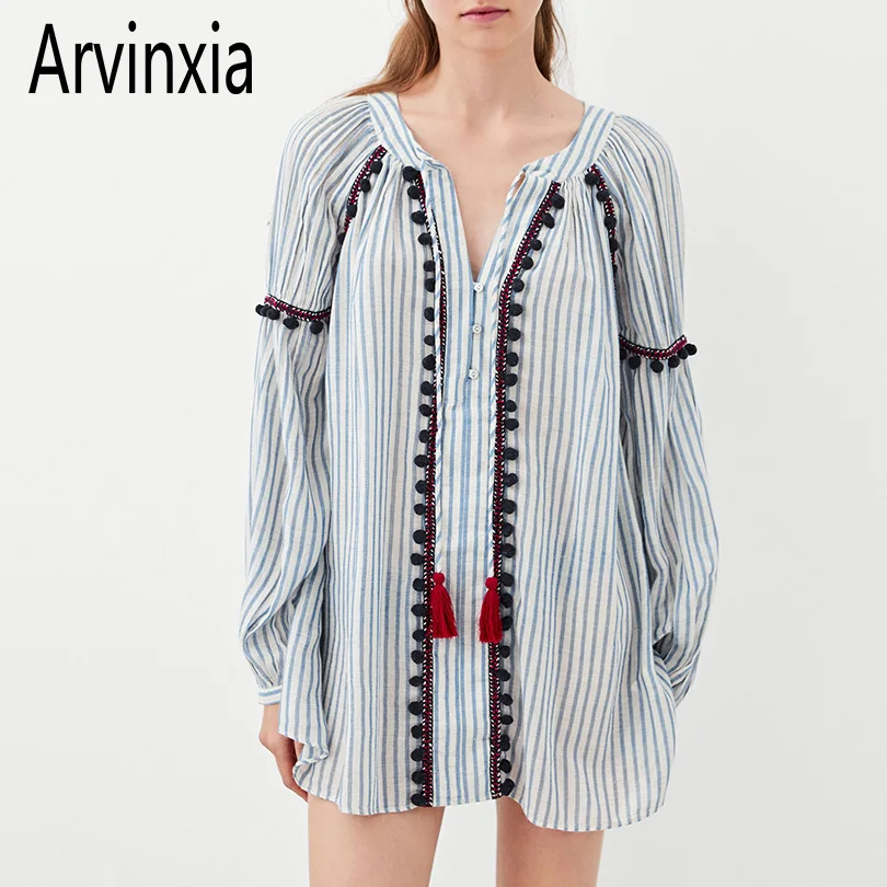 Arvinxia ZA повседневная женская блузка в полоску с кисточками винтажная длинным