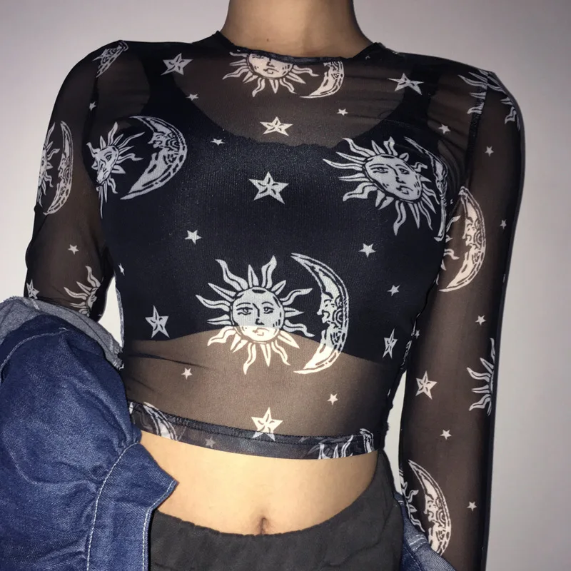 

Summer Sexy Mesh Print T-Shirt Female Nine Points Exposed Navel long Sleeved Shirt T-shirt casual Perspective T-Shirt Women