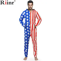 Riinr Новая осень Для мужчин пижама с принтом комплекты звезды и полосы печатных с капюшоном ночное белье Домашняя одежда, ночное белье
