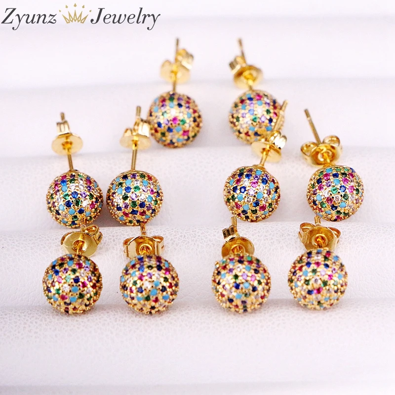 

5 Pairs 8mm/10mm Golden Color Copper Multicolor Cubic Zirconia Round Disco CZ Ball Stud Earrings Women's Party Fashion Jewelry