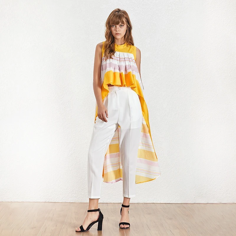 TWOTWINSTYLE-Striped-Patchwork-Shirts-Blouse-Women-Stand-Sleeveless-Hit-Color-Asymmetrical-Tops-Female-2019-Casual-Fashion