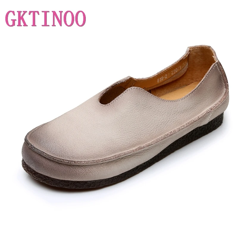 

GKTINOO Original 2019 Spring and Summer New Retro Women Shoes Genuine Leather Flat Casual Handmade Comfortable Cowhide Flats
