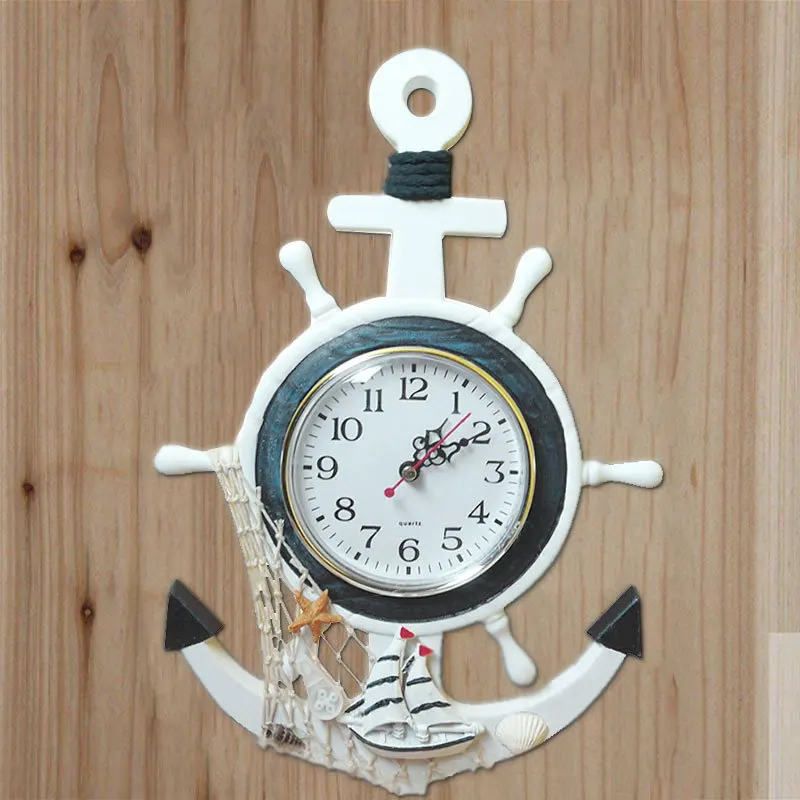 Wooden Mediterranean-Style Nautical Vintage Small Wall Clock Retro Sea Anchor Clocks Gift Home Decor Table Desktop Decoration