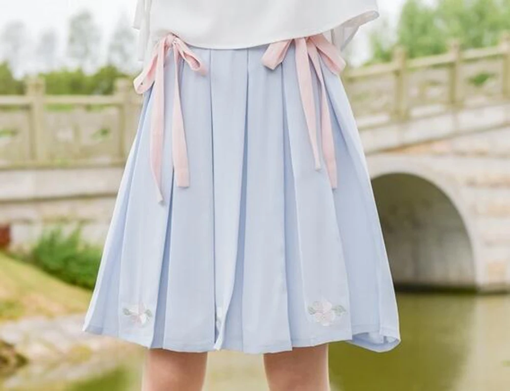 Summer Mori Girl Skirt Cute Flower Embroidery Pink Ribbon Pleated