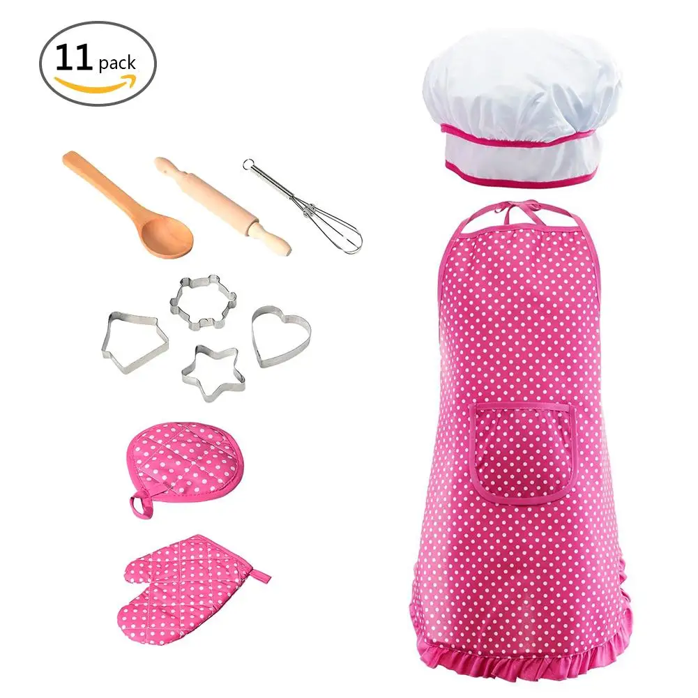 11 шт./компл. кухонная игрушка для детей кухонная утварь набор принадлежностей Набор для повара для детей набор для приготовления пищи с фартуком шеф-повара шляпа - Цвет: Розовый