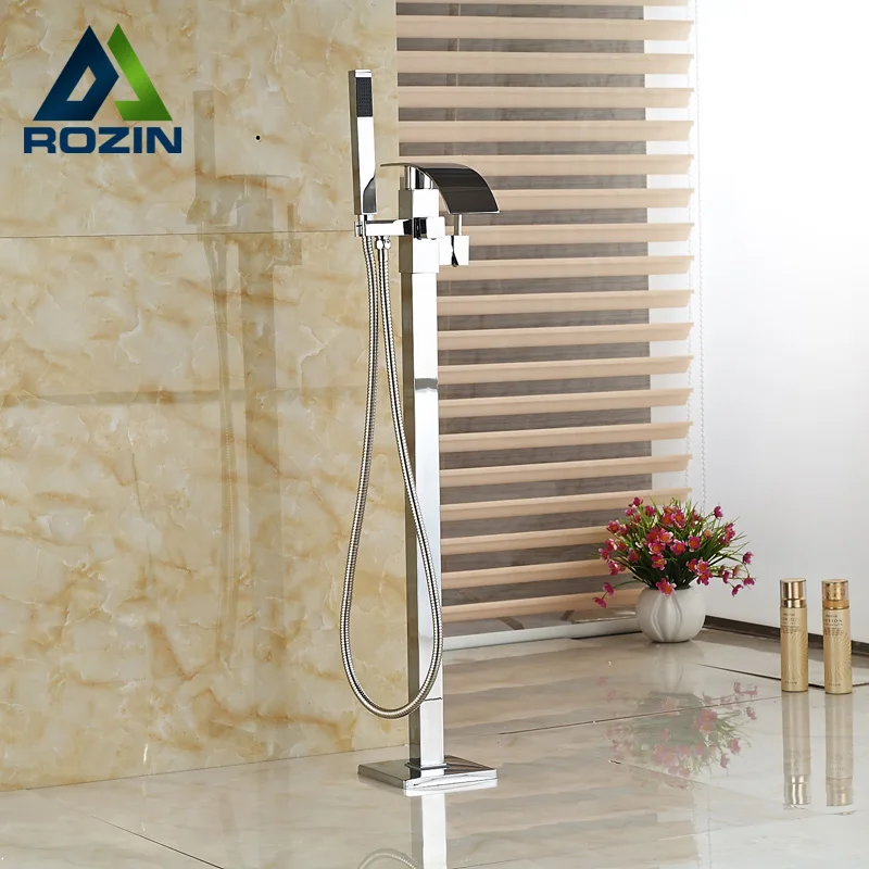 

Polished Chrome Floor Mounted Bathtub Faucet with Hand shower Free Standing Waterfall Tub Mixer Tap Free Standing