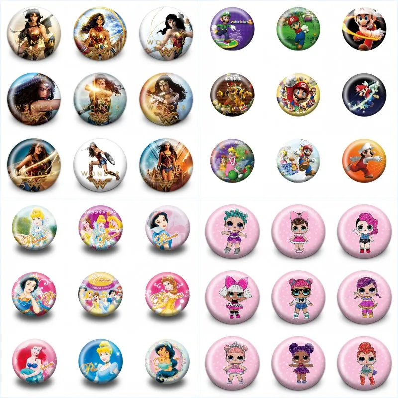 

Mixed 18pcs Super Mario Lovely Girls Wonder Woman Hot Cartoon Round Badge Brooch Stylish Pins Clothes/Bag Decor Kids Party Gift
