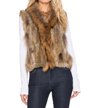 

Classic Fashion Short Raccoon Fur Collar Sleeveless Vest Real Rabbit Fur Gilets Vests Winter Women Fur Waistcoats Coat
