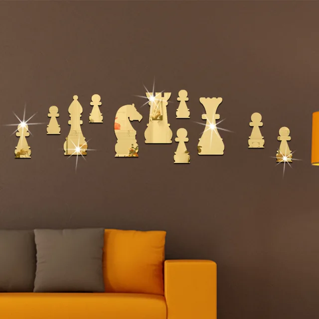 11pcs Set Fashion Home Decor International Chess Shape Mirror Wall 11pcs Set Fashion Home Decor International Chess Shape Mirror Wall Stickers Gold Silver Room Decorative