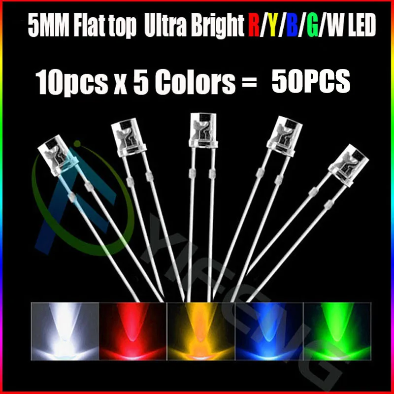 5 x LED 5mm Clear Cool White Ultra Bright Flat Top Wide Angle LEDs Light Car