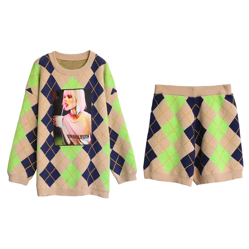 Spring New Thai Street Fashion Characters Hot Painting Rhombic Matching Long-sleeved Shirt Shorts Sweater Suit Casual Loose Spring New Thai Street Fashion Characters Hot Painting Rhombic Matching Long-sleeved Shirt Shorts Sweater Suit Casual Loose