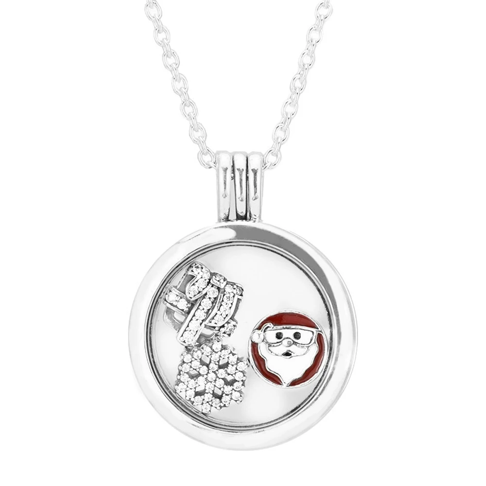 Medium-Floating-Locket-Silver-Pendant-and-Necklace-with-Petite-Element-Pack-Christmas-Charms-Silver-925-Original