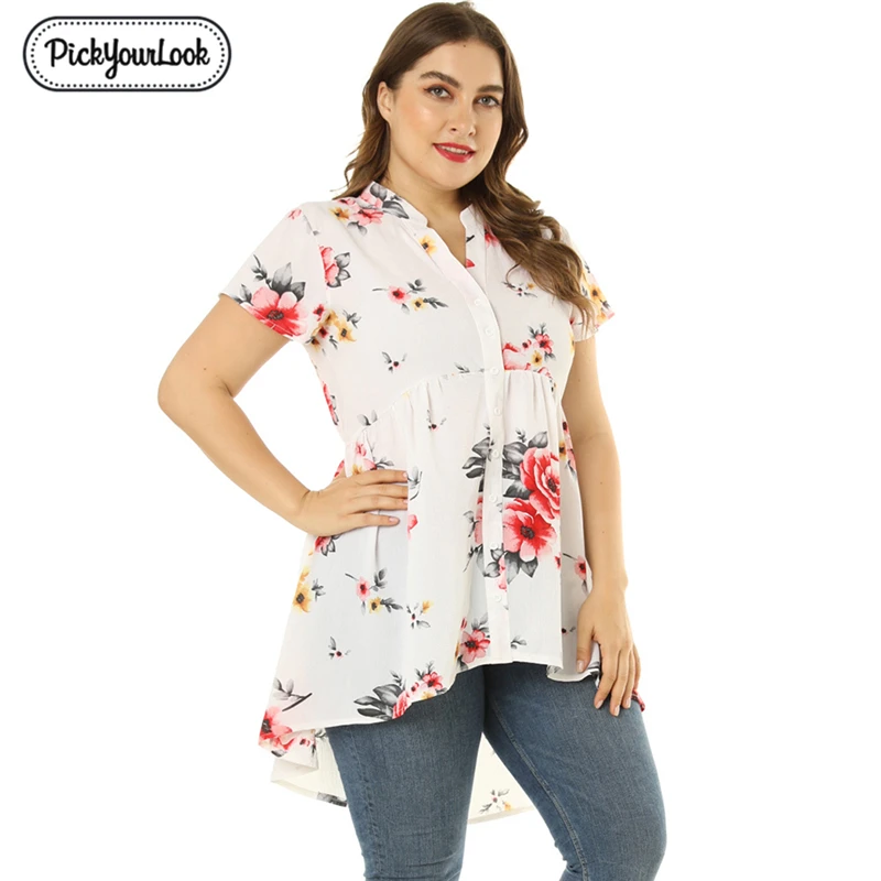 

Floral High Waist Women Plus Size Chiffon Blouse Short Sleeve V Neck Female Causal Work Shirts Femme Spring Blouses D30