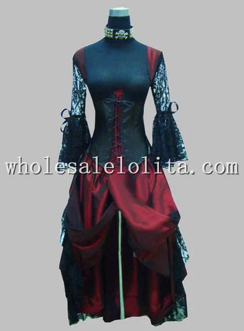 Готический черный и красный тайский шелк и кружева принцесса длинное платье