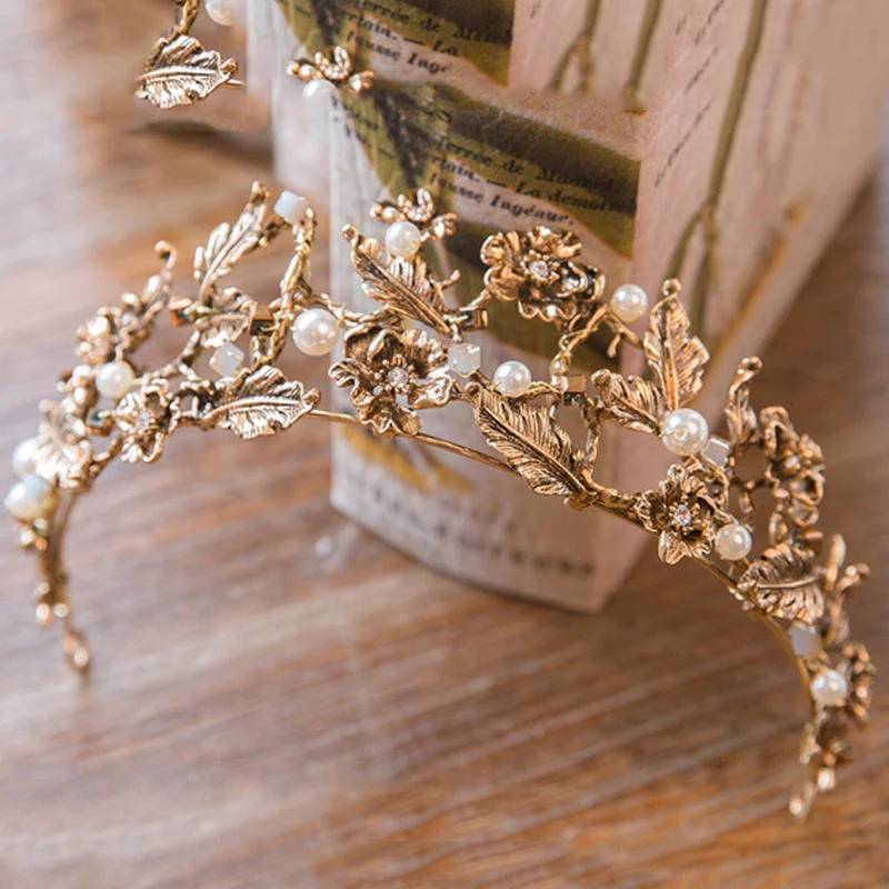 Мода в стиле барокко Роскошная обувь с украшением в виде кристаллов и жемчугом свадебная корона диадемы Античное золото диадема, тиара для Для женщин свадебные аксессуары для волос