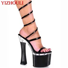 18 см Обувь на высоком каблуке черного цвета на Высоком толстом каблуке, сандалии, выступлений обувь для звезд модельная обувь, ночной клуб принцесса сексуальные Обувь для танцев
