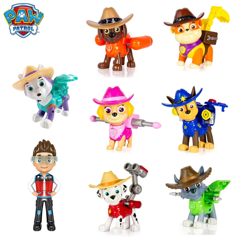

9piece/set Paw Patrol west cowboy Ryder Can deformation Everest Wear a Hat Action Figures Model Toys for Children Gifts PVC