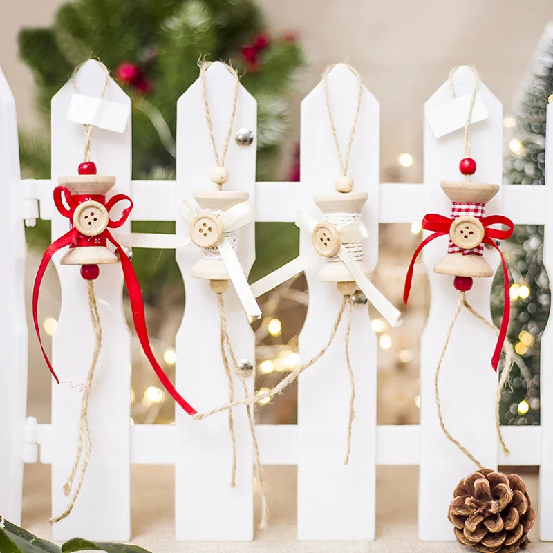 

2019 1 PC Wooden Christmas Ornaments Button with Bow-knot Shaped Xmas Tree Decorations Hanging Pendants Ornaments