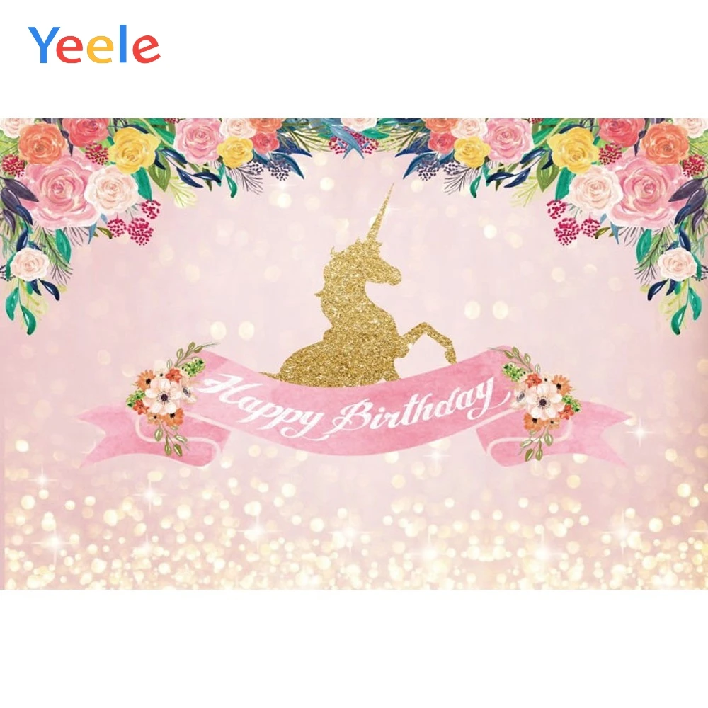 

Yeele Vinyl Unicorn Flowers Baby Girl Happy Birthday Party Photography Background Princess Photographic Backdrop Photo Studio
