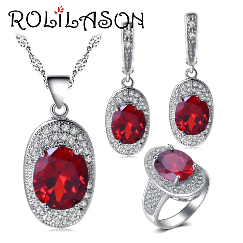 

ROLILASON Precious Red Zircon For Ladies silver Earrings Necklace pendant Rings Jewelry Sets USA size #6#7#8#9#10 JS712