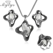 Mytys Ретро серый черный Винтаж Ювелирные наборы для женщин опал кулон ожерелье в форме цветка/серьги/кольцо наборы CN350 R2017