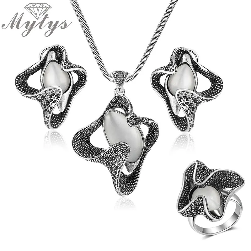 Mytys Retro Grey Black Vintage Jewelry Sets for Women Opal Pendant Flower Shape Necklace/Earrings/Ring sets CN350 R2017 Mytys Retro Grey Black Vintage Jewelry Sets for Women Opal Pendant Flower Shape Necklace/Earrings/Ring sets CN350 R2017