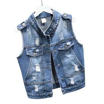 

Fashion Cool Pocket Hole Jeans Vest For Women Stand Collar Vintage Female Jacket Sleeveless Denim Outwear Casual Colete Feminino