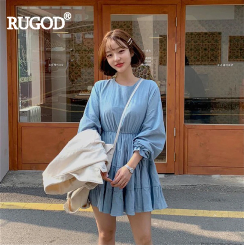 

RUGOD Summer sweet solid women dress mini high waist korean style loose pleated long sleeves summer dress modis vestido verano