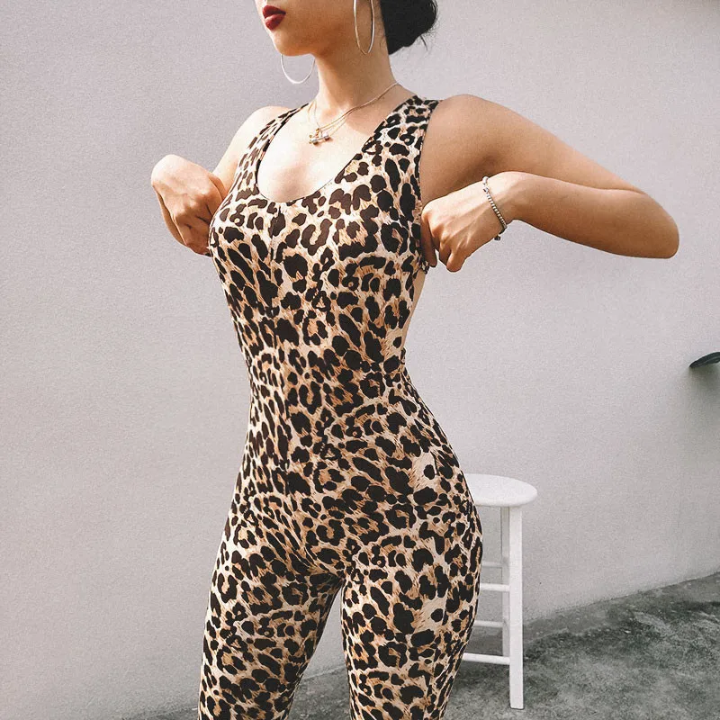 Toplook leopard jumpsuits hollow out print backless sexy women fashion spaghetti straps cross bandage body rompers