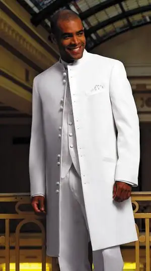 

Buttons Long Coat Bespoke Dinner Blazers With Pants 2017 Tailored White Men Suits With Stand Collar (Coat+Pants+Ves)