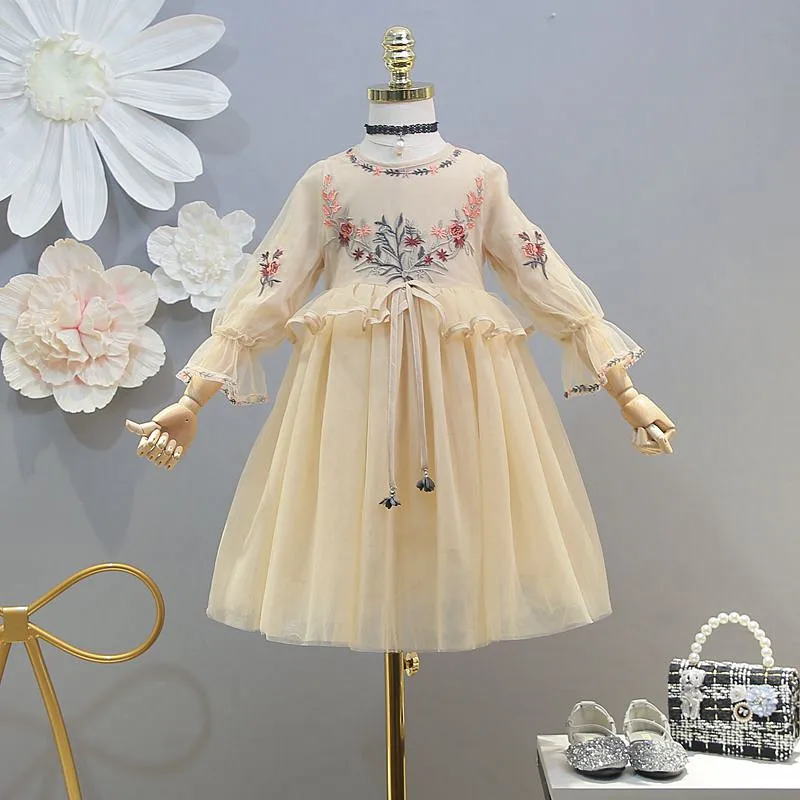 Платье для девочек; Новинка года; сезон весна-лето; изысканное Сетчатое платье с вышивкой; кружевное платье с окантовкой на талии