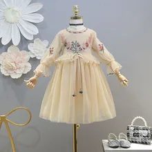 Платье для девочек; Новинка года; сезон весна-лето; изысканное Сетчатое платье с вышивкой; кружевное платье с окантовкой на талии