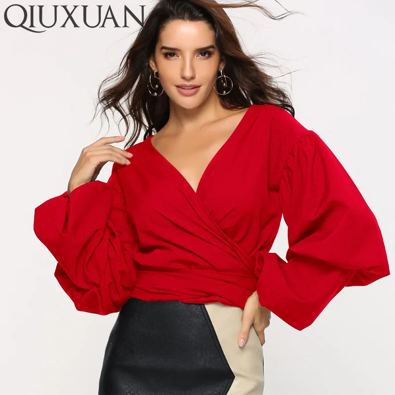 

QIUXUAN Solid Color Women Blouses Spring Autumn Long Sleeve Fashion Wrap Tops Gathered Puff Sleeve Lace-Up Blouses Casual Tops