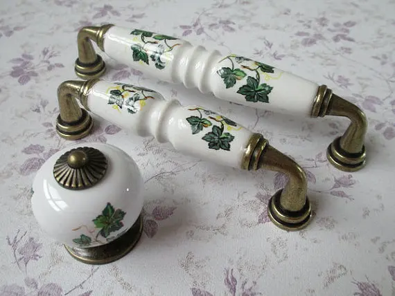 Kitchen Cabinet Dresser Drawer Pull Handles Knob White Green Leaf Antique Bronze Furniture Door Handle Rustic