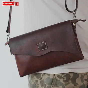 HANSOMFY New retro men's bag British crazy horse leather shoulder diagonal bags package men and women handmade messenger bag HANSOMFY New retro men's bag British crazy horse leather shoulder diagonal bags package men and women handmade messenger bag